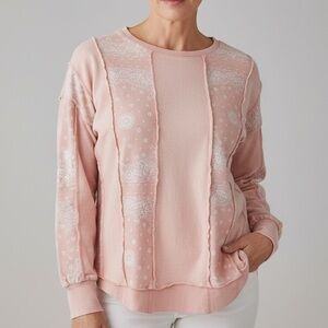 EASEL Peach Bandana-Print Pullover Sweatshirt Raw Hems Patchwork